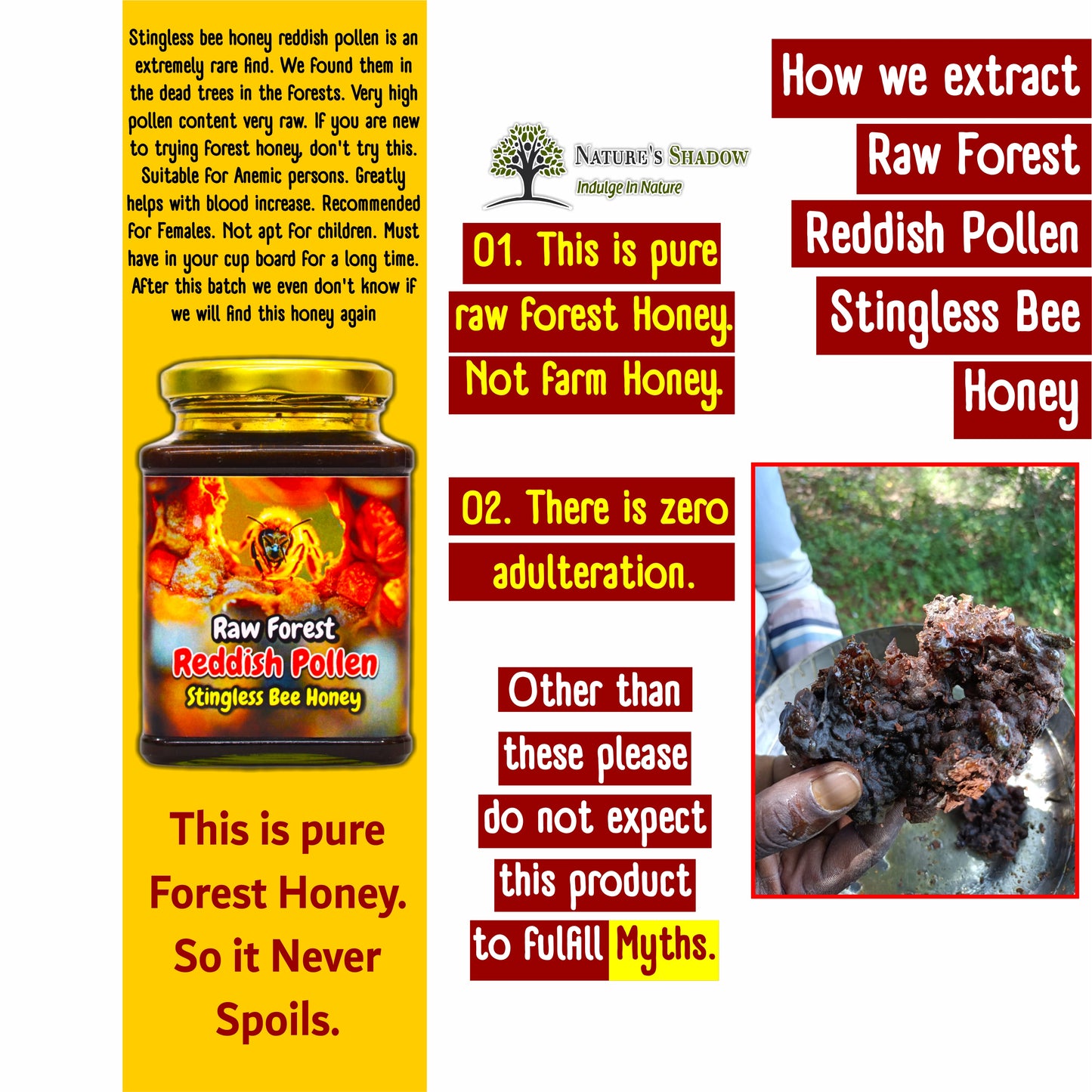 Raw Stingless Bee Forest Honey - Red Coloured Pollen - Sour Taste - From Dead Trees