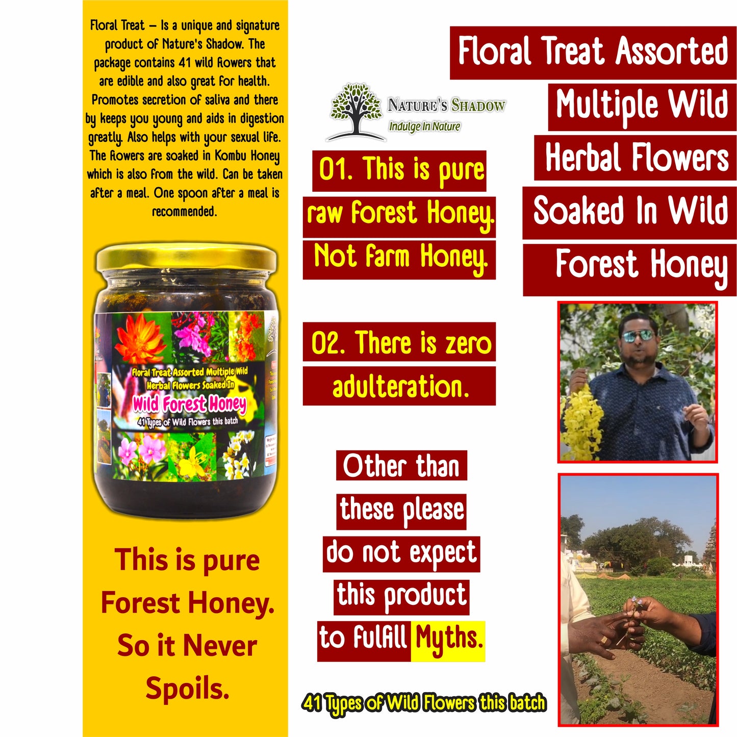 Floral Treat - Assorted Multiple Wild Herbal Flowers Soaked In Wild Forest Honey - 41 Types of Wild Flowers this batch