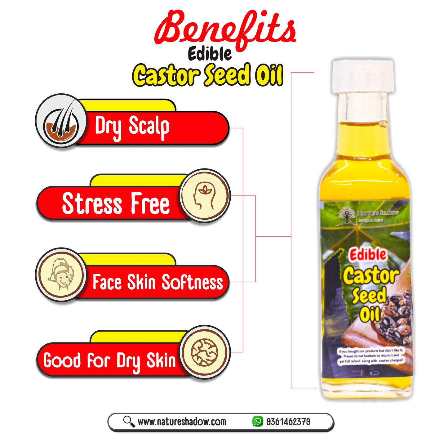 Cold Pressed Edible Castor Oil for Cooking, Internal and External Purposes (250 ML)